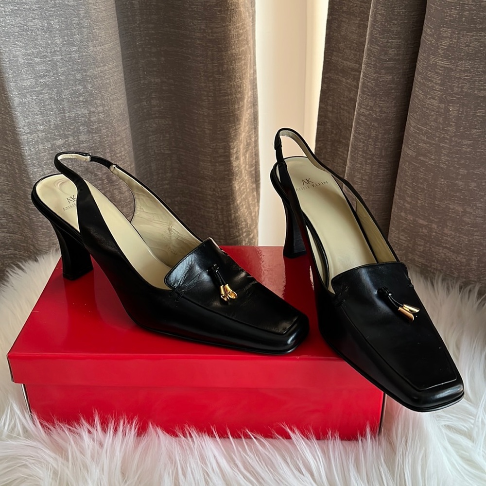 Anne Klein black pointed square sling back shoes